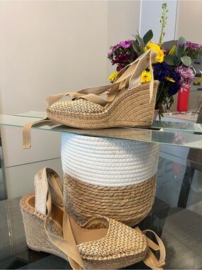 Zara Natural Tan Woven Espadrille Wedge Sandals with Ankle Wrap